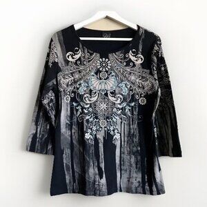 Vintage Katina Marie Top Shirt Large Black Blue‎ Rhinestone Bling Bohemian Y2K